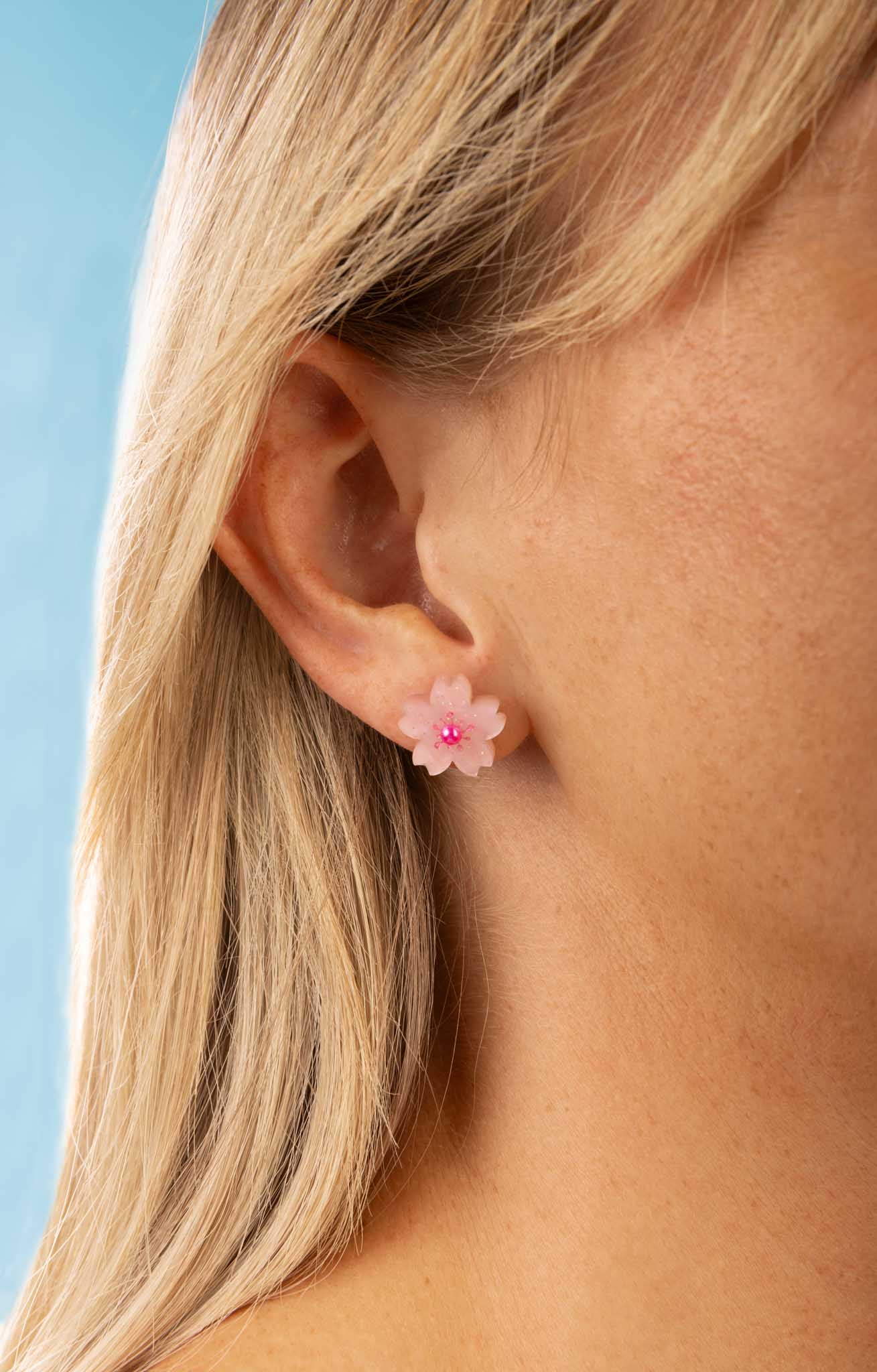 Small Baby Pink Glitter Marble Cherry Blossom Stud Earrings – Hypoallergenic Stainless Steel