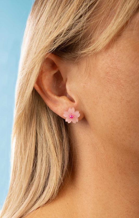 Small Baby Pink Glitter Marble Cherry Blossom Stud Earrings – Hypoallergenic Stainless Steel