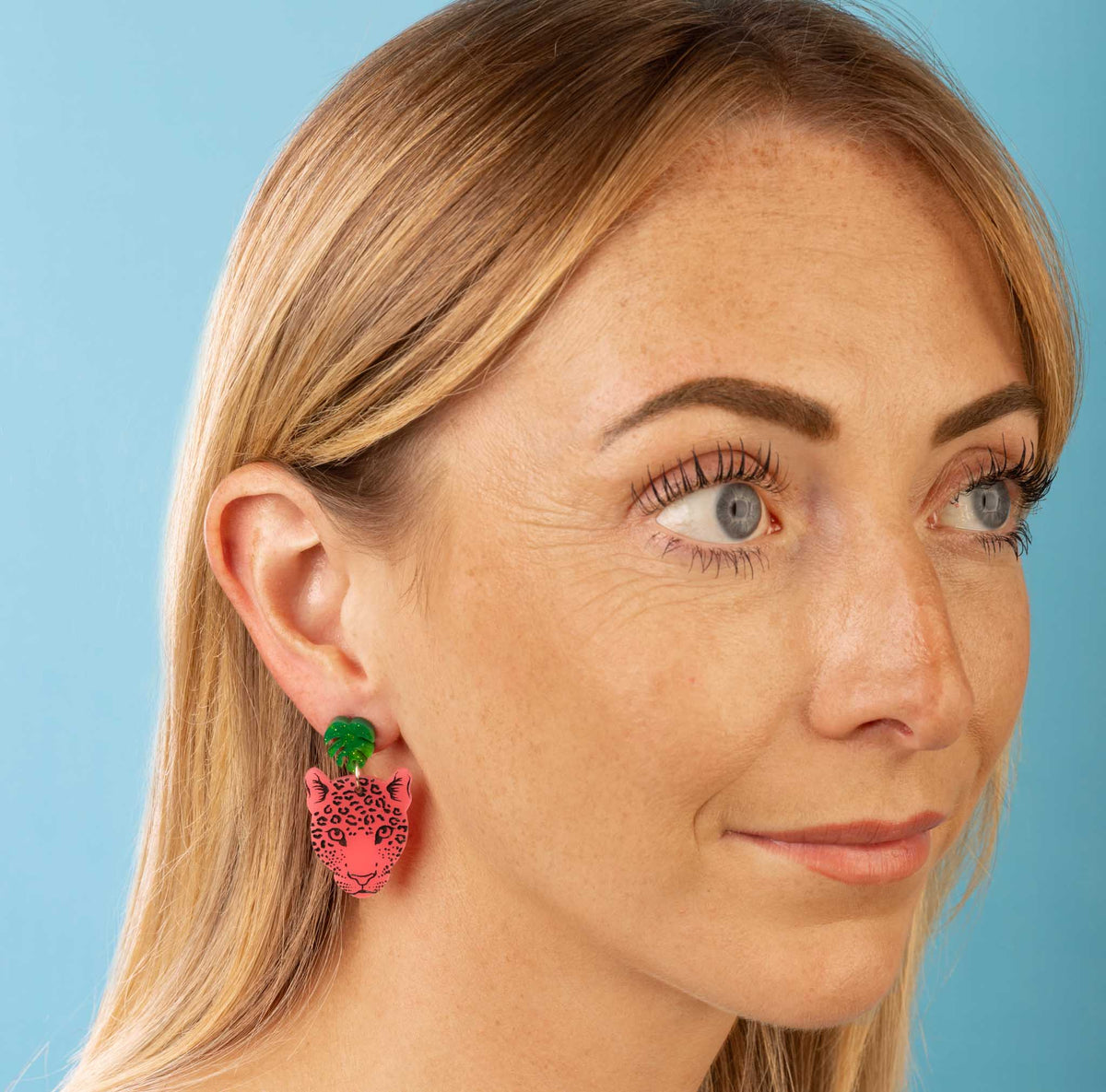 Green Marble and Neon Pink Acrylic Monstera Leaf & Leopard Face Dangle Earrings – Hypoallergenic Stainless Steel
