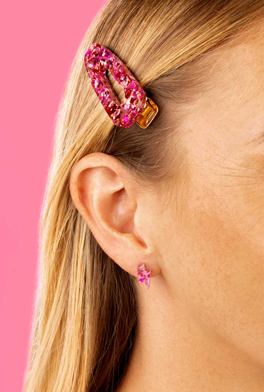 Mini Pink and Rose Confetti Acrylic Lightning Bolt Stud Earrings – Hypoallergenic Stainless Steel