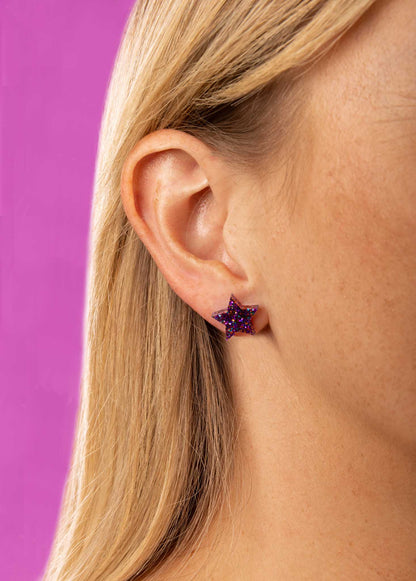 Small Grape Glitter Acrylic Mismatch Star and Moon Stud Earrings – Hypoallergenic Stainless Steel