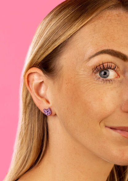 Mini Lilac and Pink Glitter Marble Leopard Print Cat Stud Earrings – Hypoallergenic Stainless Steel