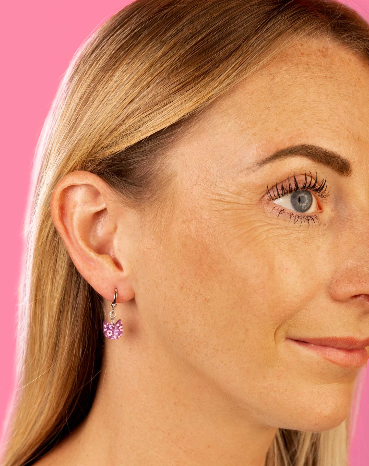 Mini Lilac and Pink Glitter Marble Cat Head Dangle Earrings or Necklace – Hypoallergenic Stainless Steel