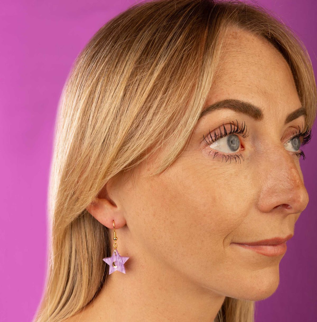 Medium Lilac and Gold Mismatch Star and Moon Dangle Earrings or Necklace – Hypoallergenic Stainless Steel