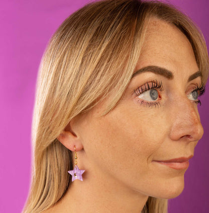 Medium Lilac and Gold Mismatch Star and Moon Dangle Earrings or Necklace – Hypoallergenic Stainless Steel