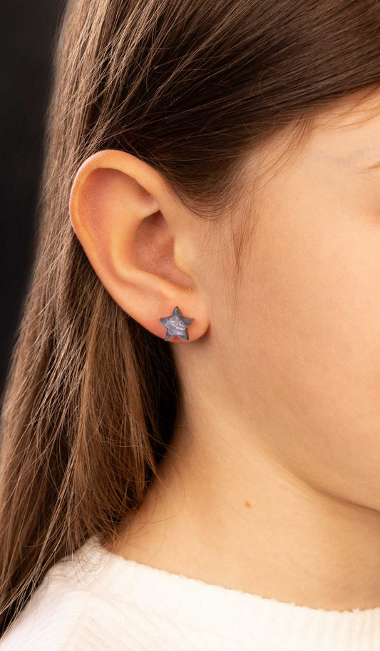 Mini Navy Night Sky Marble Acrylic Mismatch Star and Moon Stud Earrings – Hypoallergenic Stainless Steel