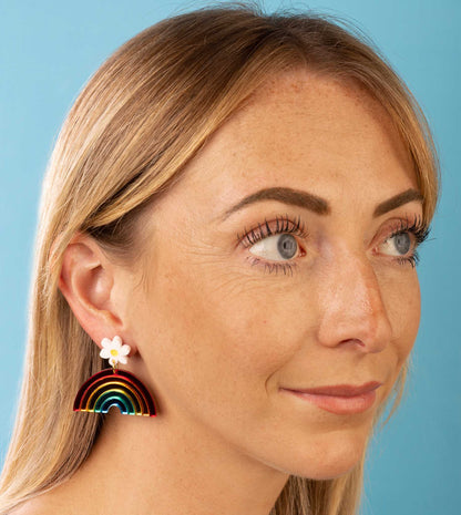 Bright Mirror Rainbow Arch and Daisy Acrylic Dangle Earrings – Hypoallergenic Stainless Steel