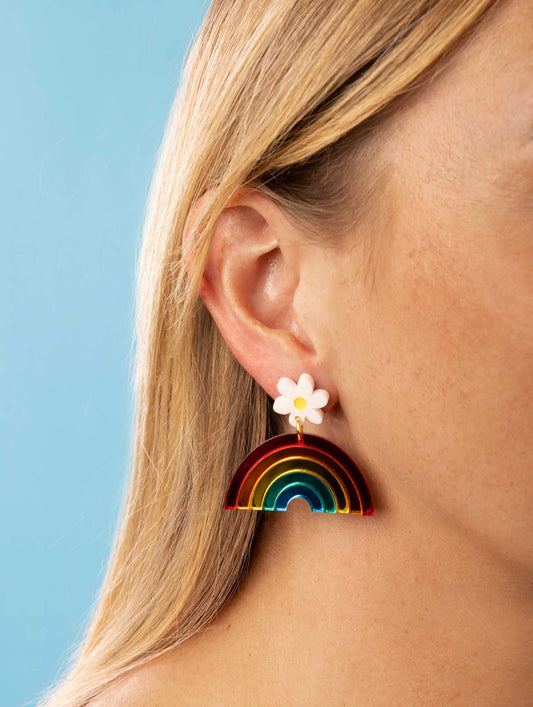 Bright Mirror Rainbow Arch and Daisy Acrylic Dangle Earrings – Hypoallergenic Stainless Steel