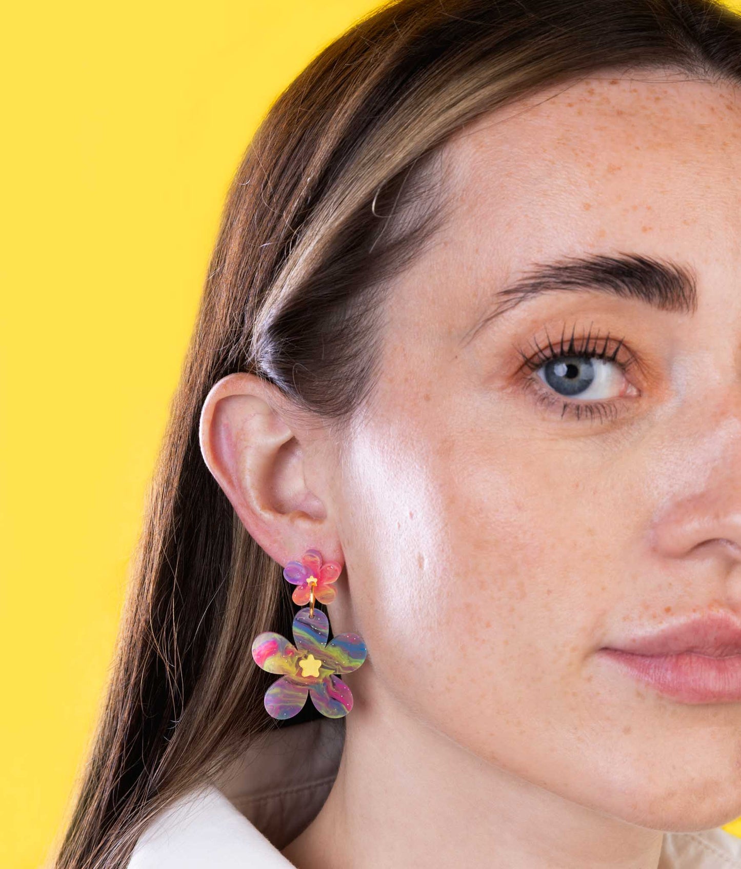 Large Rainbow Glitter Marble Flower Statement Dangle Earrings – Hypoallergenic Stainless Steel