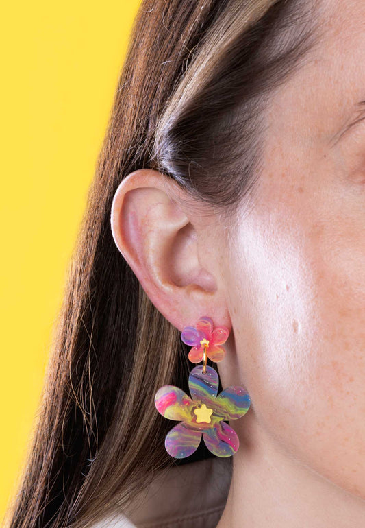 Large Rainbow Glitter Marble Flower Statement Dangle Earrings – Hypoallergenic Stainless Steel