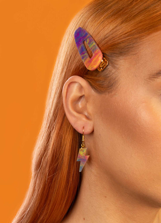 Medium Rainbow Glitter Marble Lightning Bolt Dangle Earrings or Necklace – Hypoallergenic Stainless Steel