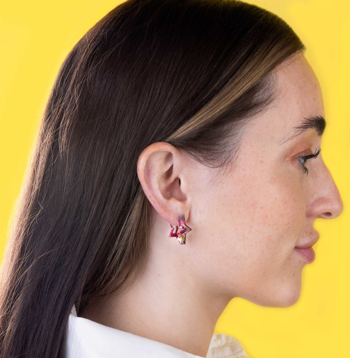 Medium Pink Rainbow Tinsel Acrylic Star Hoops – Hypoallergenic Stainless Steel