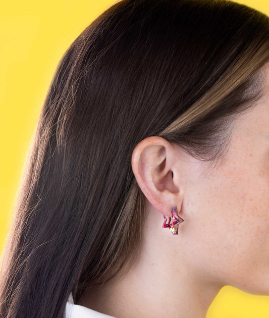 Medium Pink Rainbow Tinsel Acrylic Star Hoops – Hypoallergenic Stainless Steel