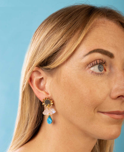 Gold Mirror, Iridescent Rainbow Pearl and Blue Marble Acrylic Sun, Cloud and Raindrop Dangle Earrings – Hypoallergenic Stainless Steel