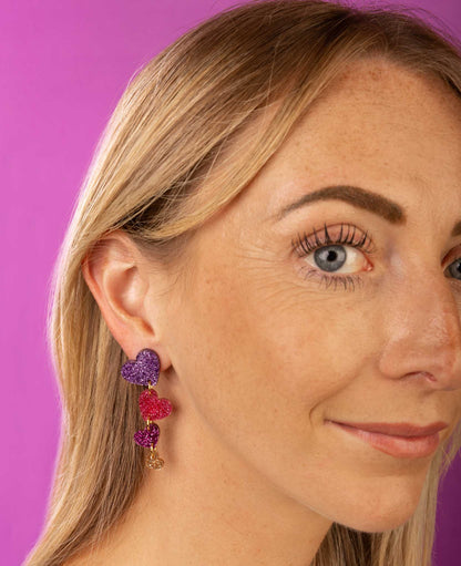 Mauve Purple, Hot Pink and Champagne Gold Glitter Acrylic Heart Dangle Earrings – Hypoallergenic Stainless Steel