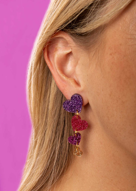 Mauve Purple, Hot Pink and Champagne Gold Glitter Acrylic Heart Dangle Earrings – Hypoallergenic Stainless Steel