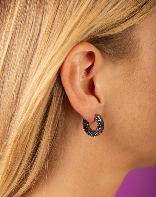 Medium Gunmetal Glitter Acrylic Hoops – Hypoallergenic Stainless Steel