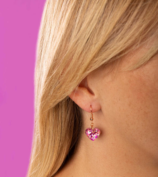 Small Pink and Rose Confetti Sparkle Heart Dangle Earrings or Necklace – Hypoallergenic Stainless Steel