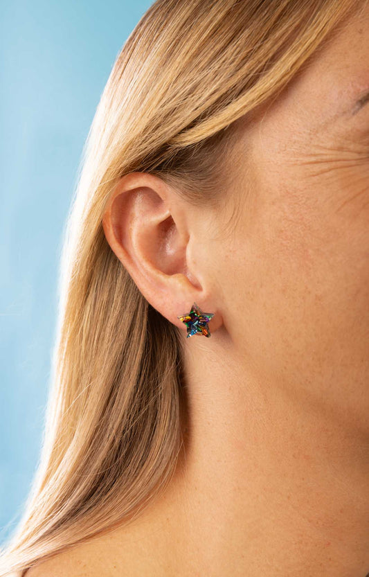 Small Rainbow Chunky Hexagon Sequin Glitter Acrylic Star Studs – Hypoallergenic Stainless Steel