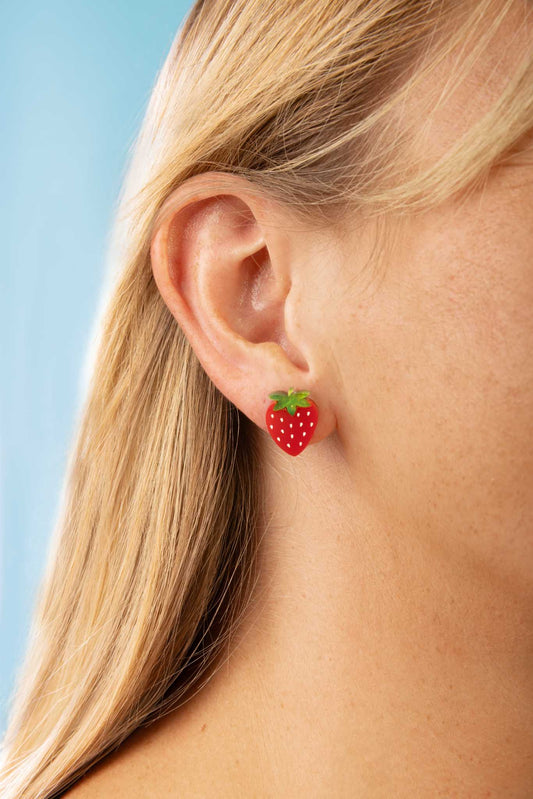 Small Green Glitter Marble and Red Gloss Acrylic Strawberry Stud Earrings – Hypoallergenic Stainless Steel