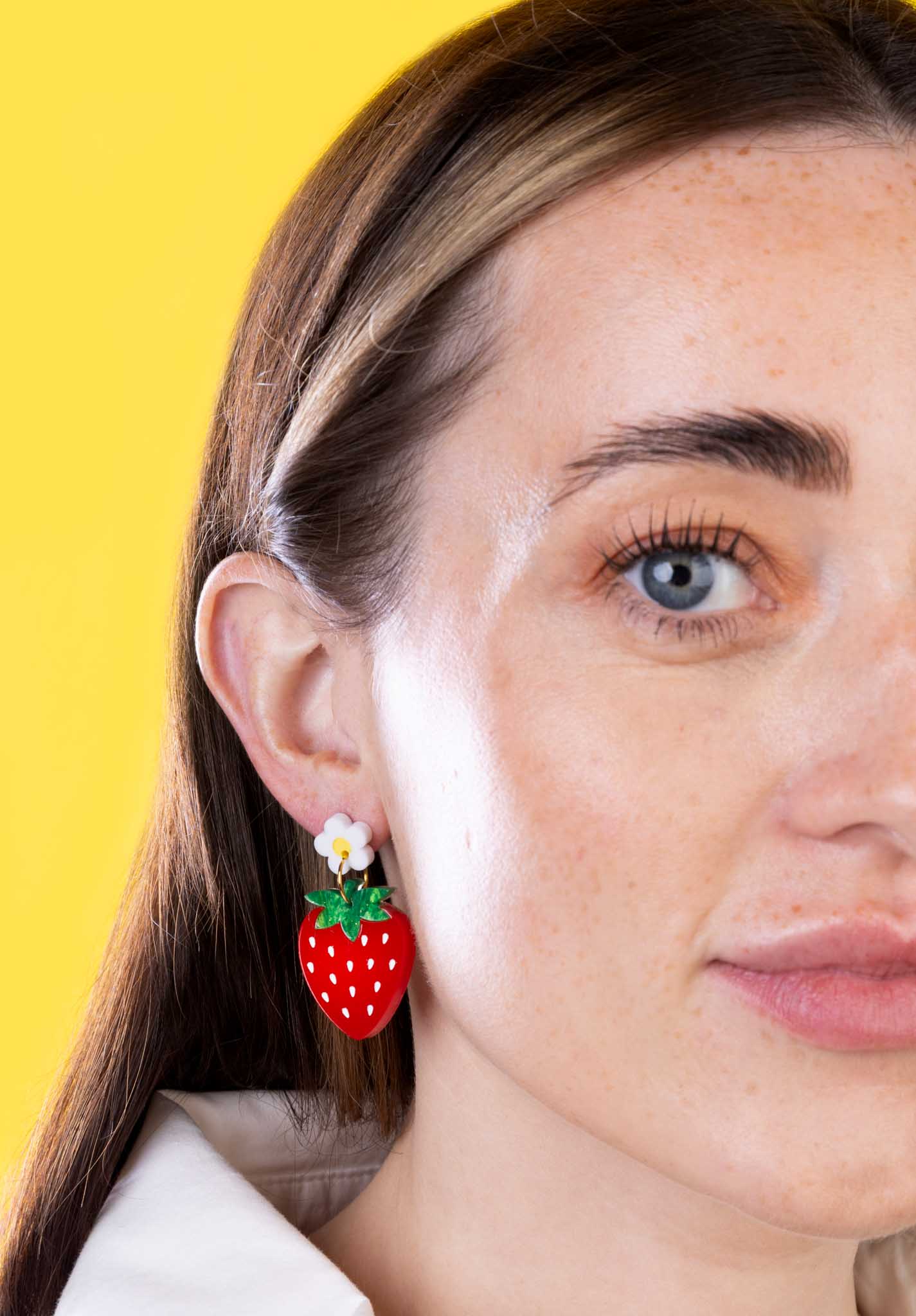 Green Glitter Marble and Red Gloss Acrylic Strawberry Flower Dangle Earrings – Hypoallergenic Stainless Steel