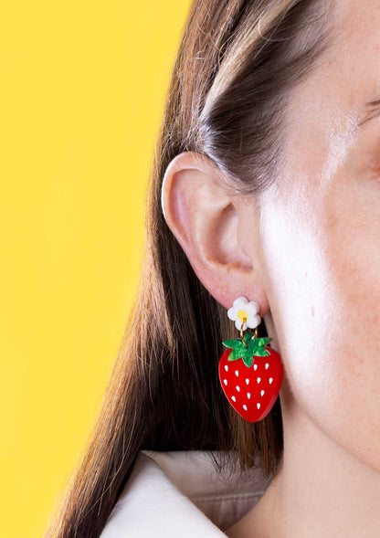 Green Glitter Marble and Red Gloss Acrylic Strawberry Flower Dangle Earrings – Hypoallergenic Stainless Steel