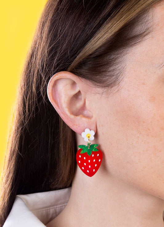 Green Glitter Marble and Red Gloss Acrylic Strawberry Flower Dangle Earrings – Hypoallergenic Stainless Steel