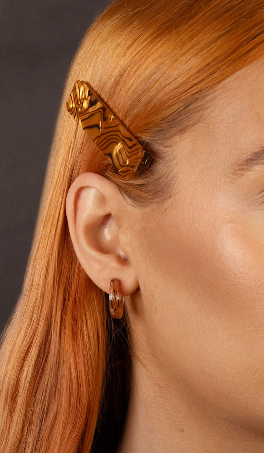 Medium Tan and Black Tiger Marble Acrylic Circle Hoops – Hypoallergenic Stainless Steel