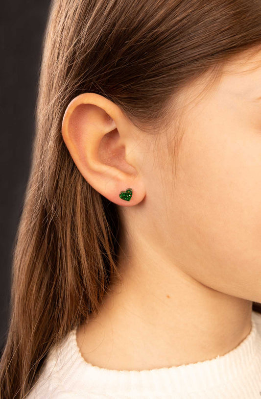 Micro Emerald Green Glitter Acrylic Heart Stud Earrings – Hypoallergenic Stainless Steel
