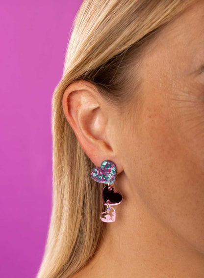Lilac, Pink and Mint Trio Heart Dangle Earrings – Hypoallergenic Stainless Steel