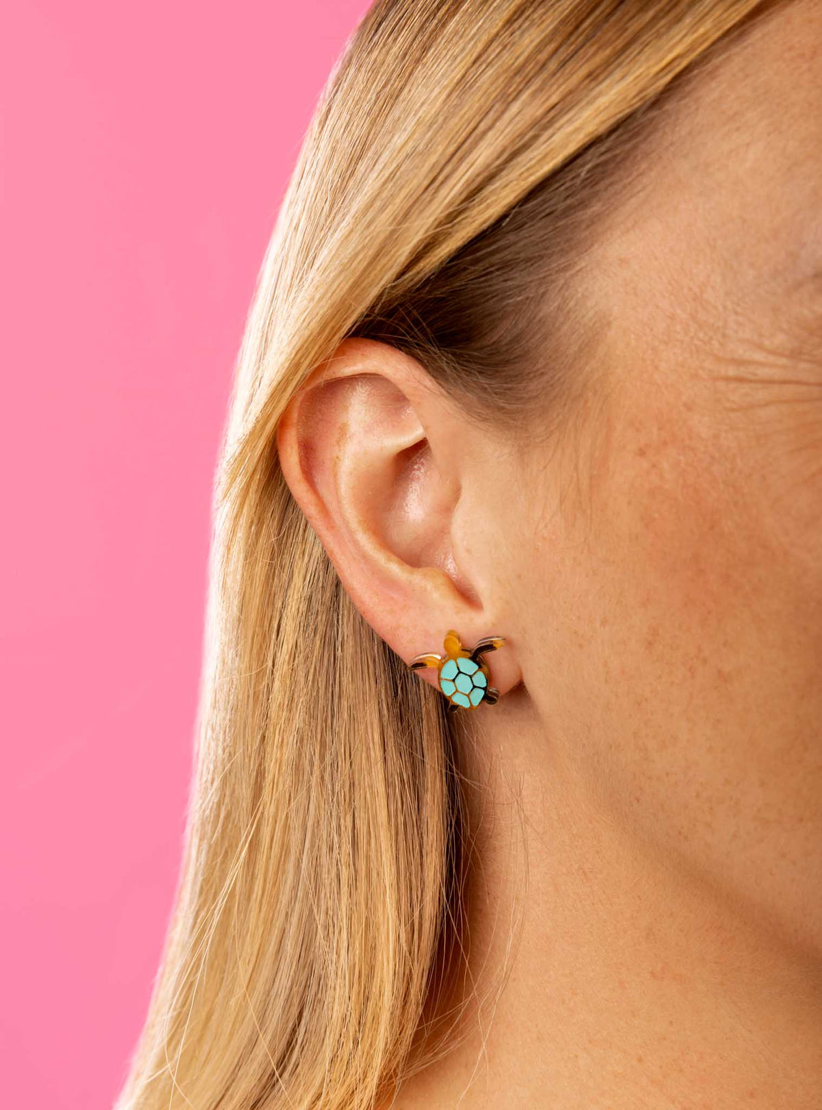 Small Turquoise and Tortoise Shell Acrylic Turtle Stud Earrings – Hypoallergenic Stainless Steel