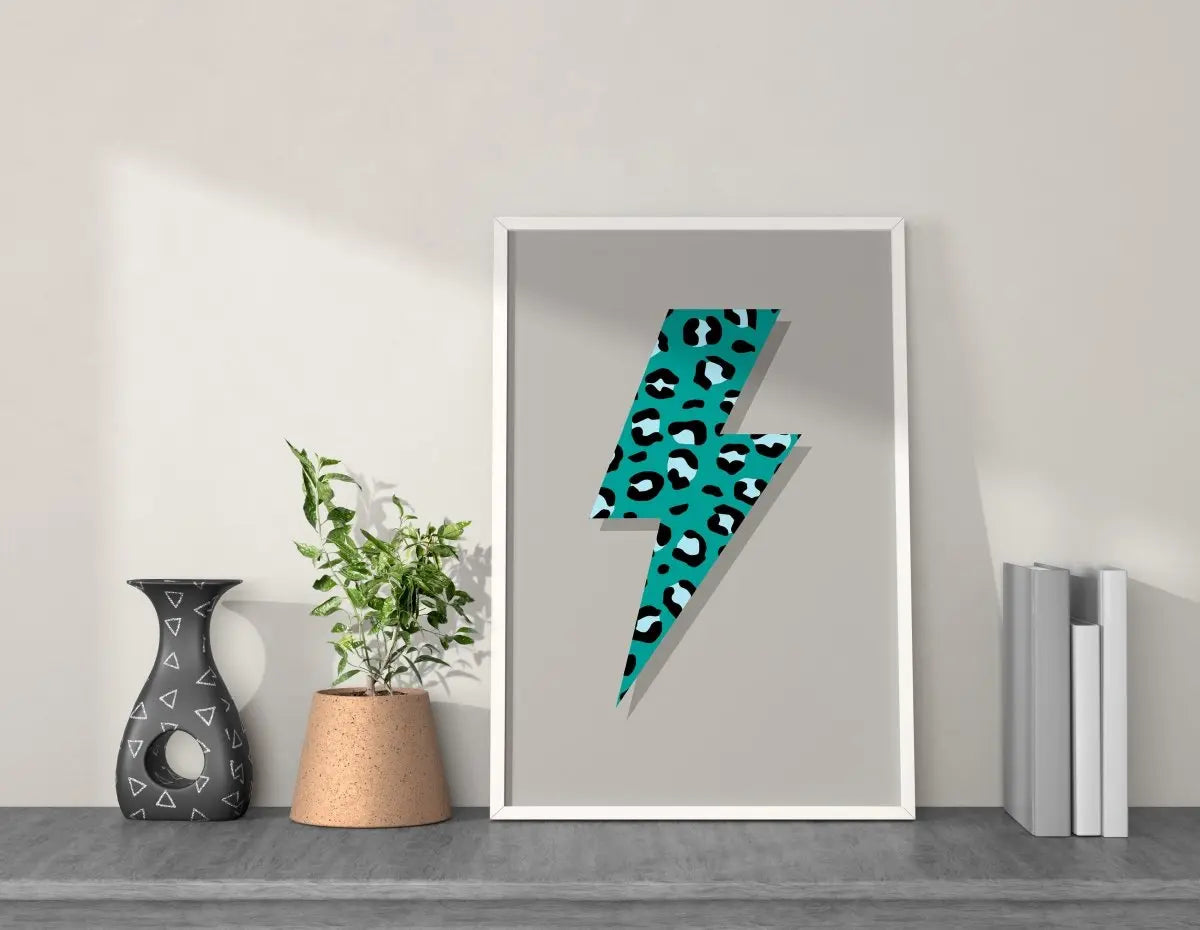 A4 Teal Leopard Print Lightning Bolt Art Print from Sapphire Frills