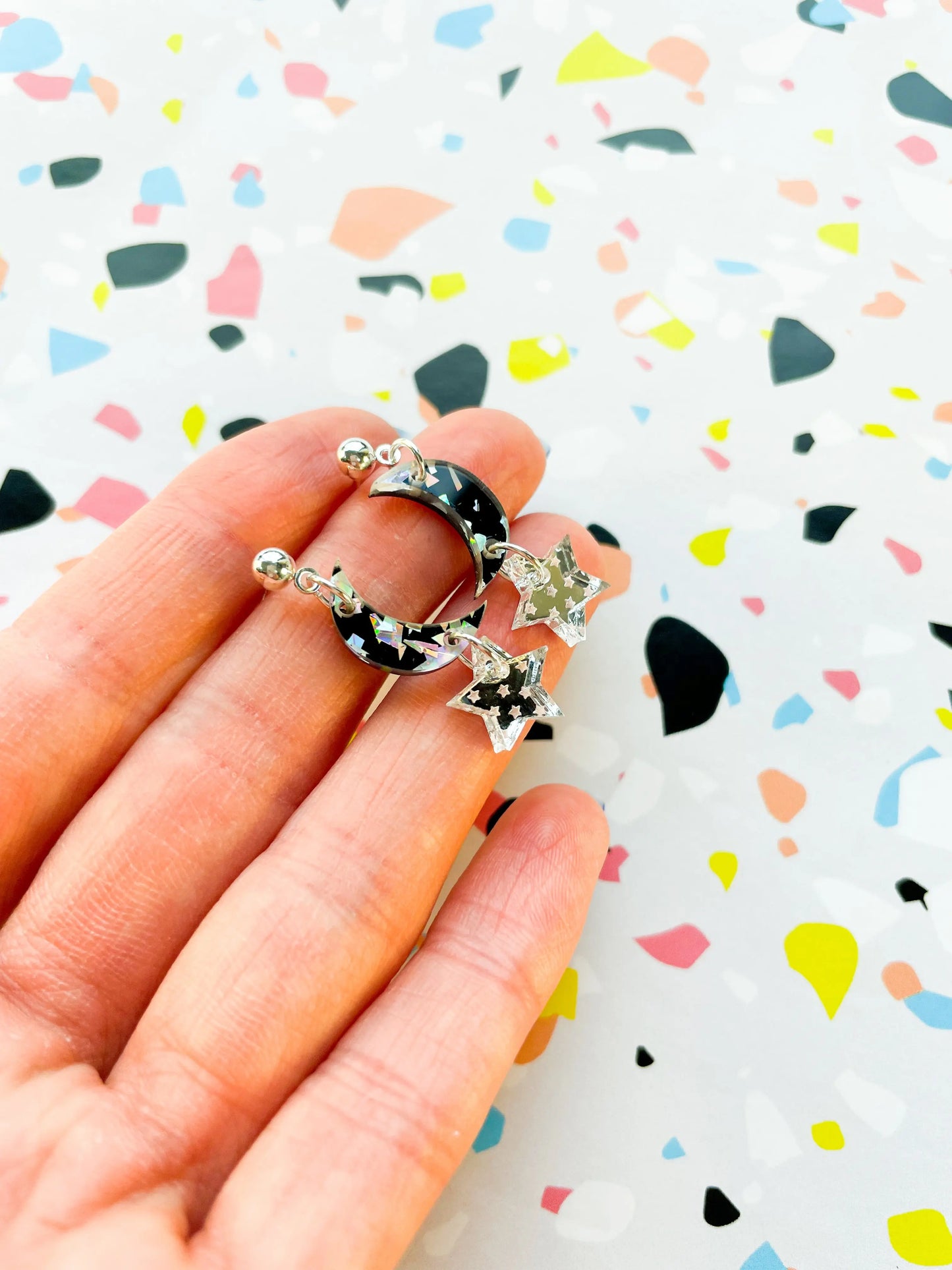 Black and Silver Chunky Crystal Acrylic Moon and Star Duo Dangle Earrings from Sapphire Frills