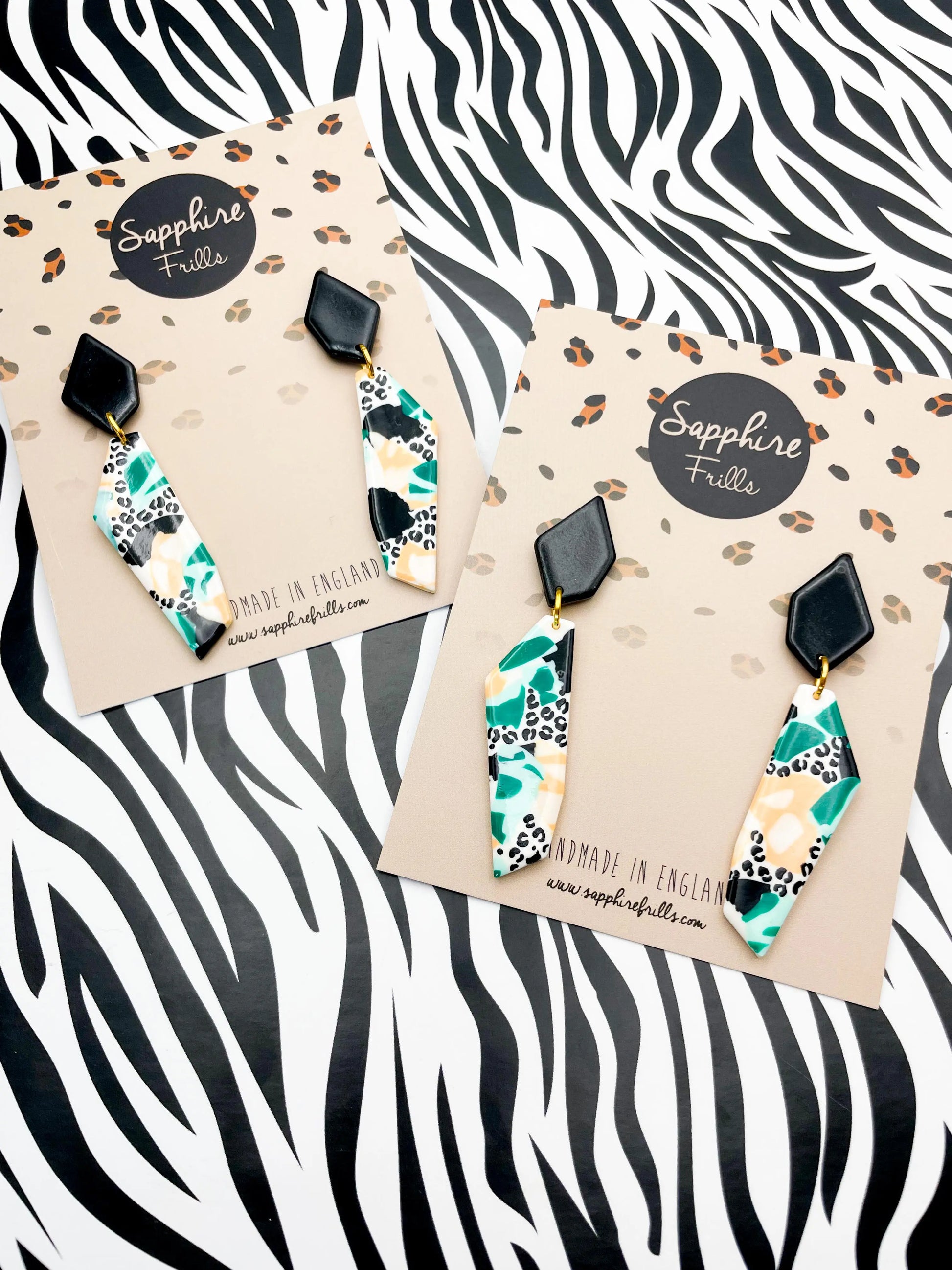 Black, Mint and Peach Abstract Jungle Leopard Print Stone Dangle Earrings from Sapphire Frills