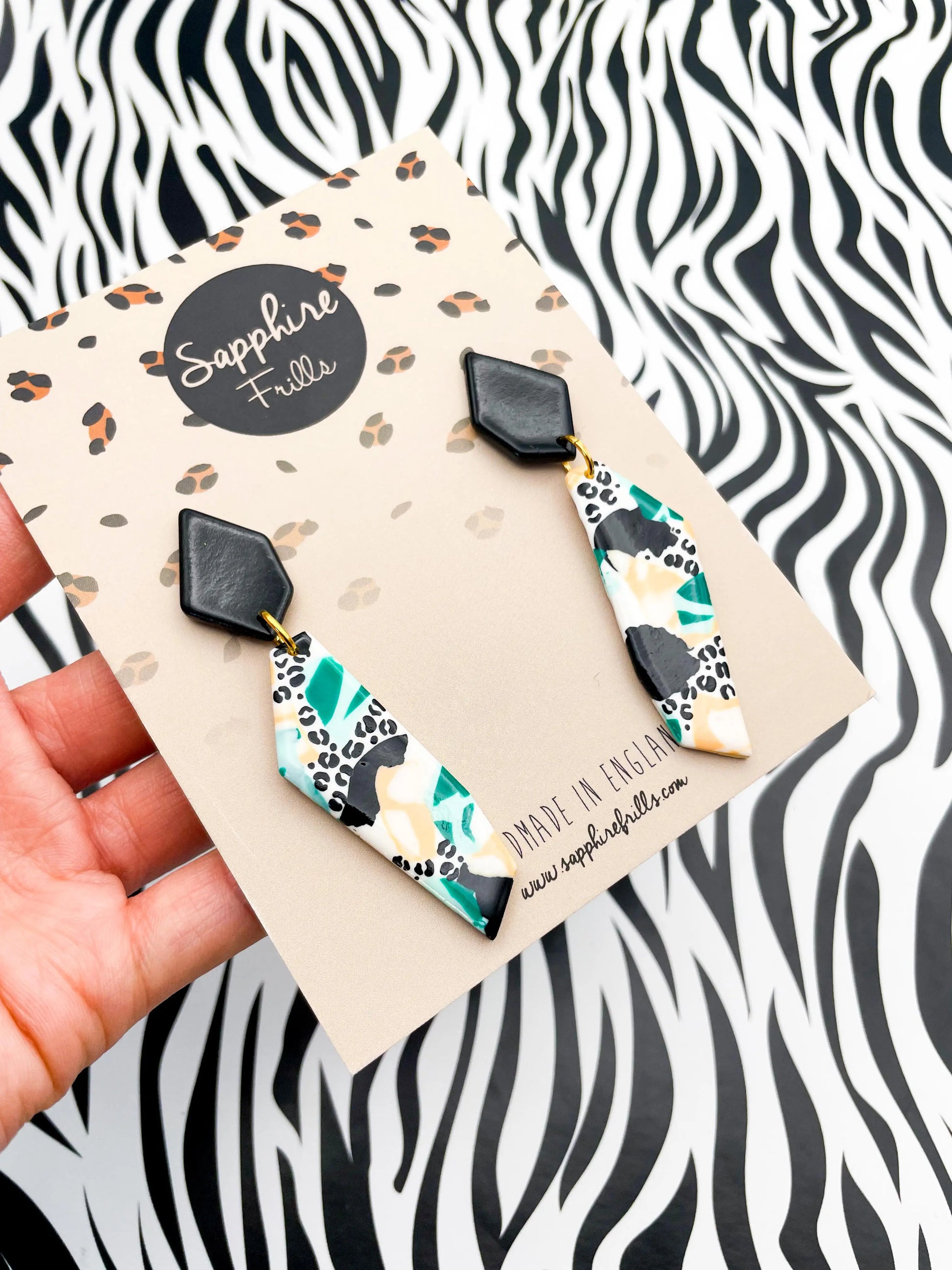 Black, Mint and Peach Abstract Jungle Leopard Print Stone Dangle Earrings from Sapphire Frills