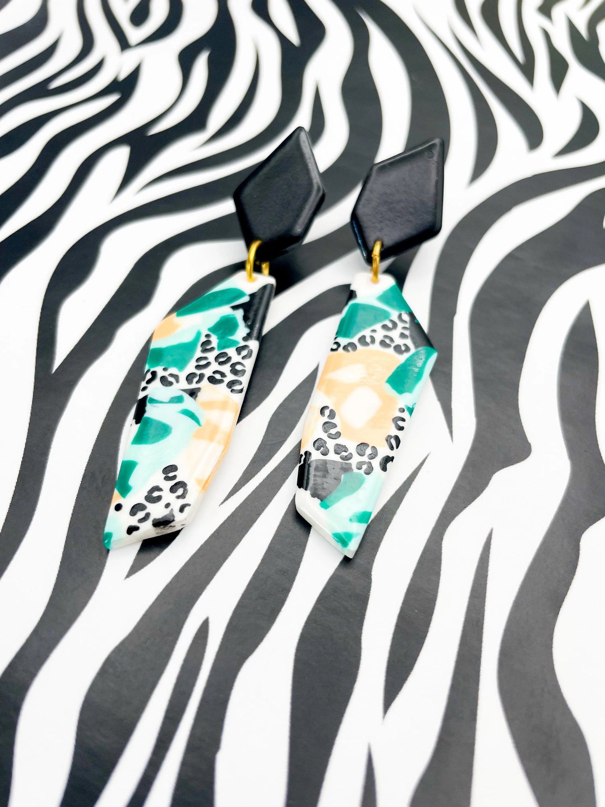 Black, Mint and Peach Abstract Jungle Leopard Print Stone Dangle Earrings from Sapphire Frills