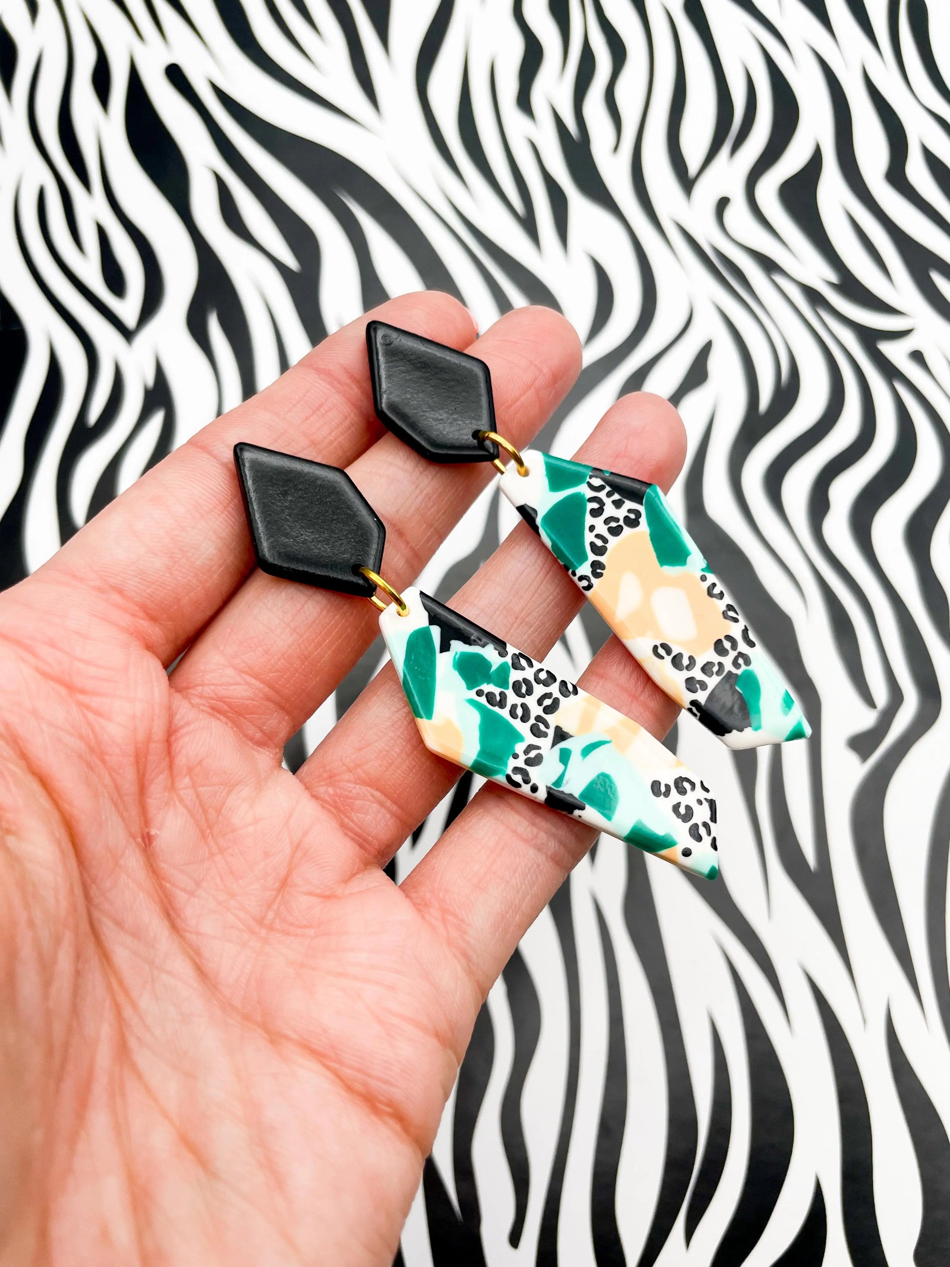 Black, Mint and Peach Abstract Jungle Leopard Print Stone Dangle Earrings from Sapphire Frills
