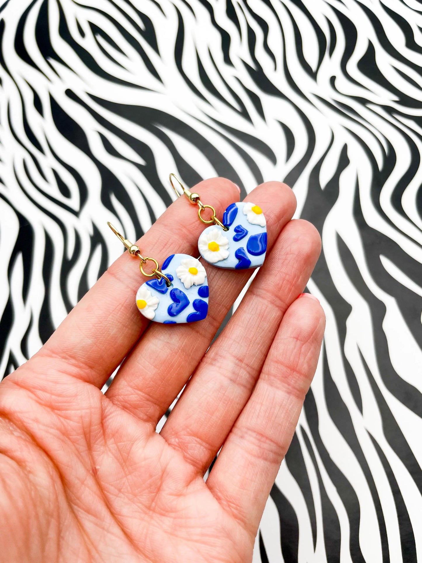 Blue Heart and Daisy Print Mini Heart Dangle Earrings from Sapphire Frills