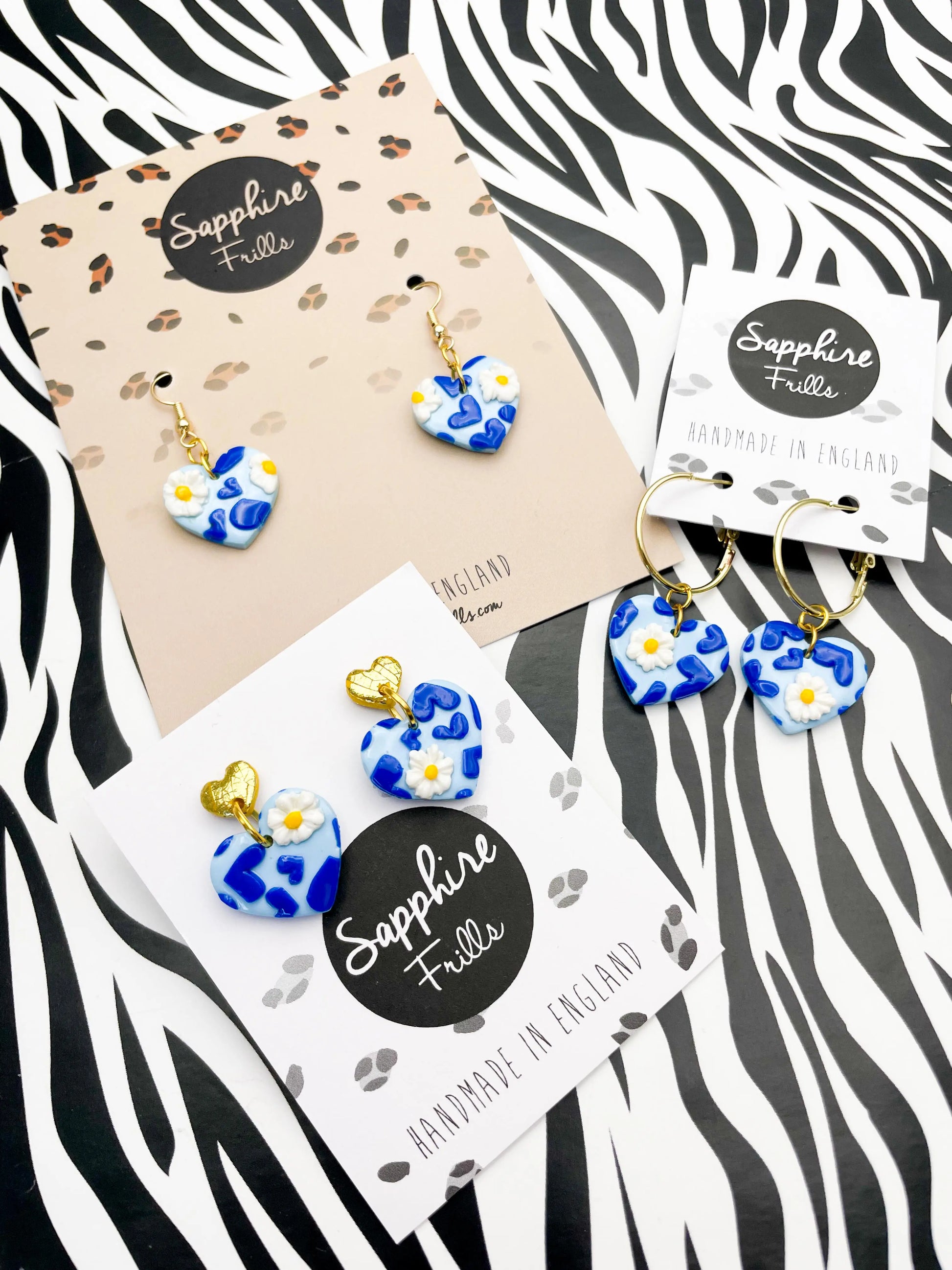 Blue Heart and Daisy Print Mini Heart Dangle Earrings from Sapphire Frills