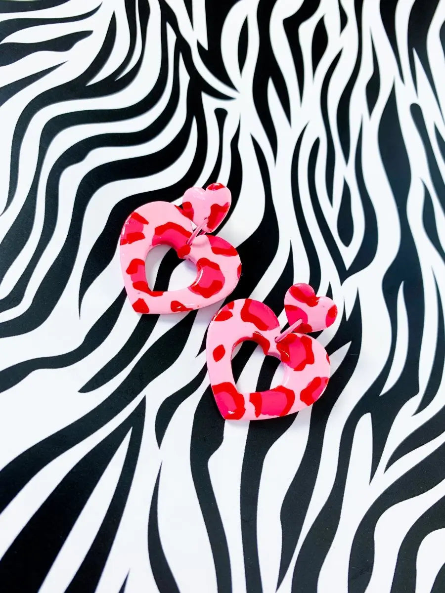 Candy Pink and Red Leopard Print Heart Dangle Earrings from Sapphire Frills