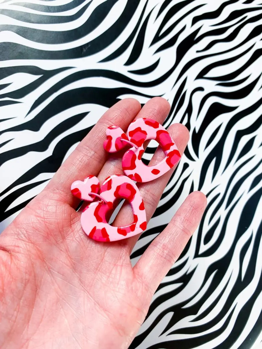 Candy Pink and Red Leopard Print Heart Dangle Earrings from Sapphire Frills