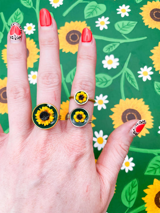 Dark Green and Yellow Sunflower Adjustable Ring from Sapphire Frills