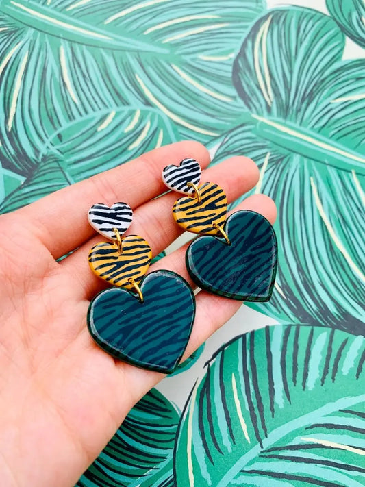 Dark Green, Mustard and White Zebra Print Heart Trio Dangle Earrings Sapphire Frills