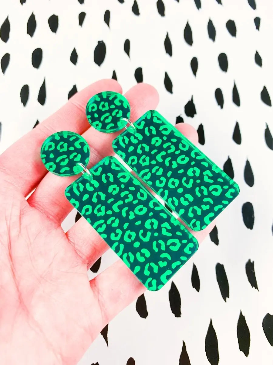 Emerald Green Leopard Print Acrylic Mirror Rectangle Dangle Earrings Sapphire Frills