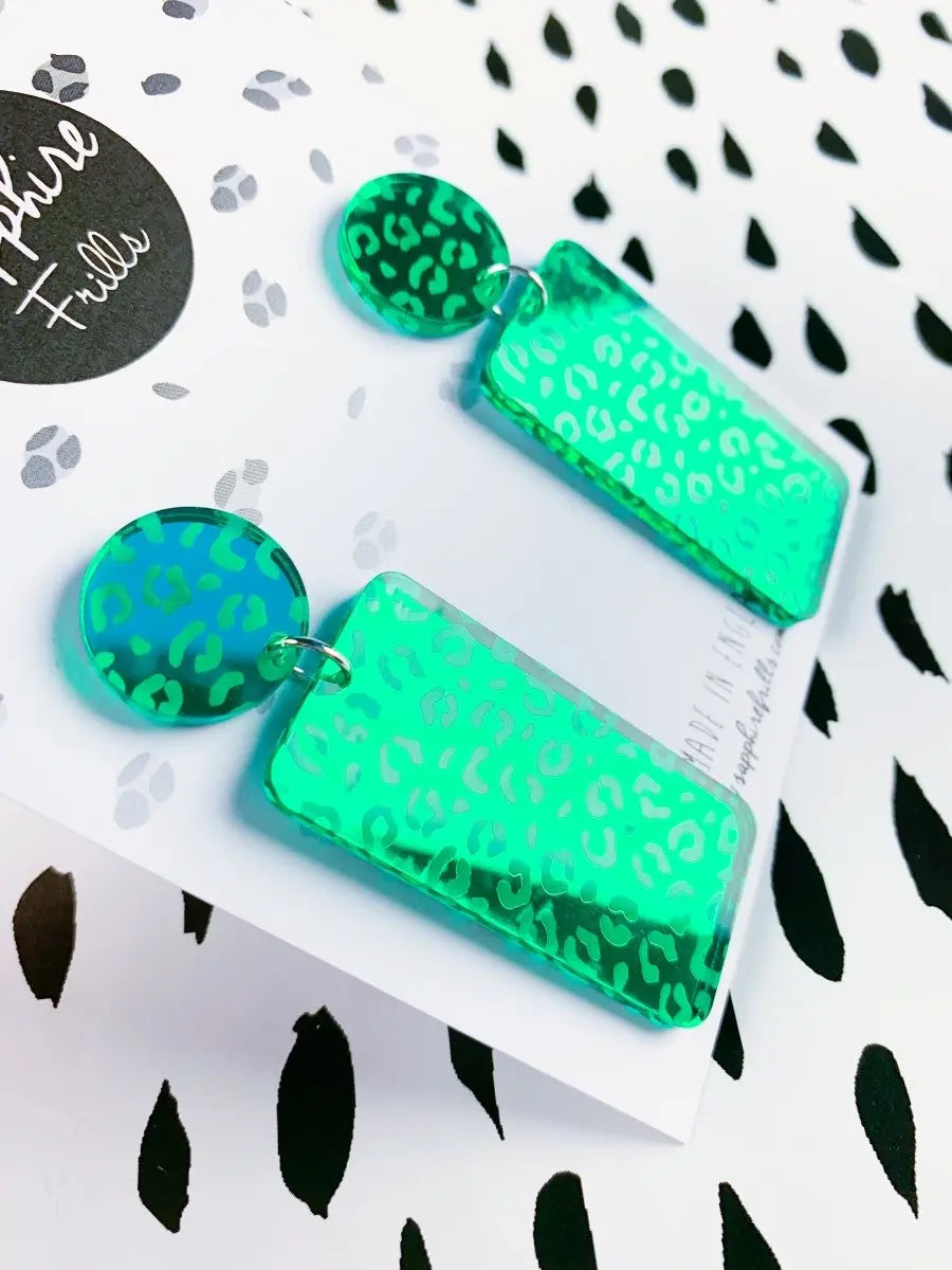 Emerald Green Leopard Print Acrylic Mirror Rectangle Dangle Earrings Sapphire Frills