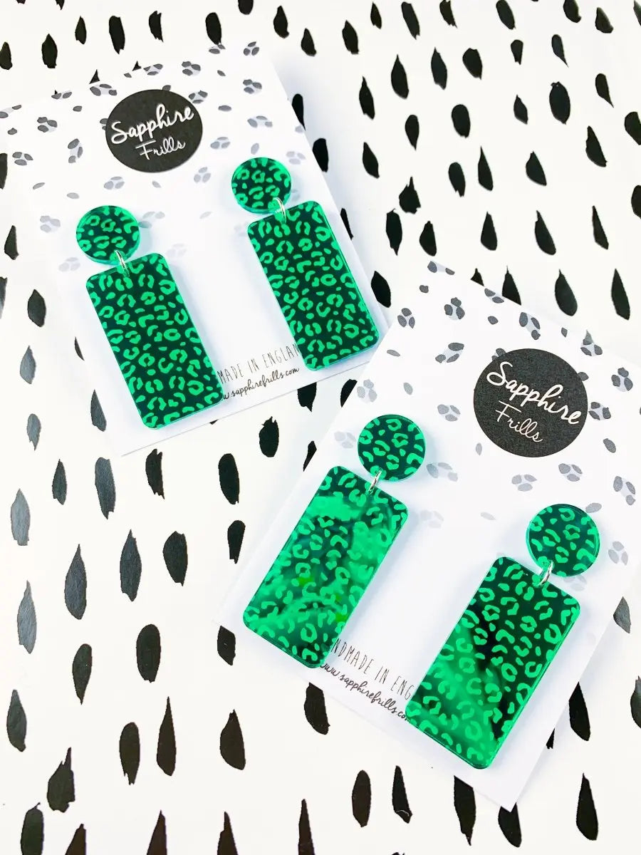 Emerald Green Leopard Print Acrylic Mirror Rectangle Dangle Earrings Sapphire Frills