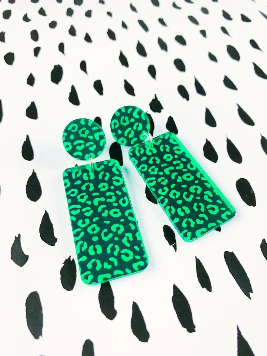 Emerald Green Leopard Print Acrylic Mirror Rectangle Dangle Earrings Sapphire Frills