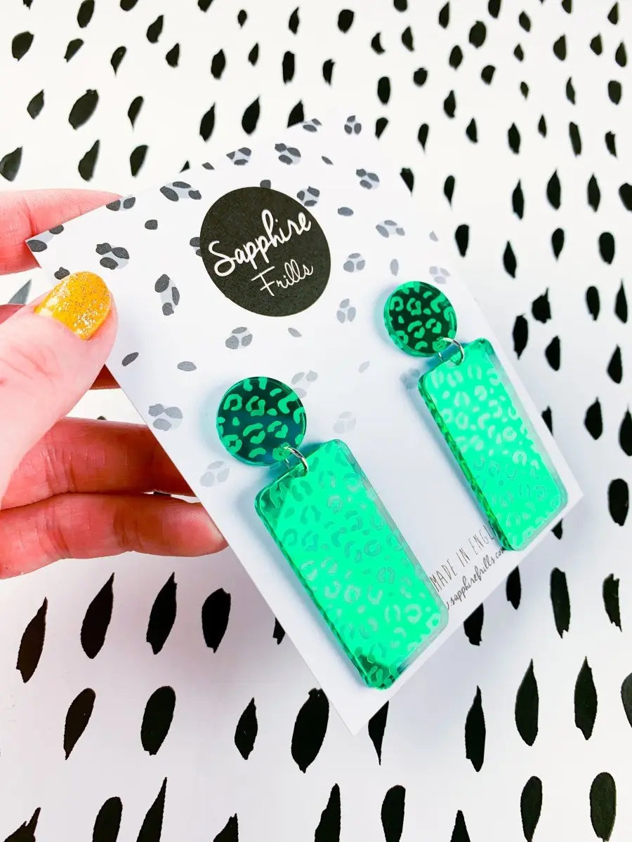 Emerald Green Leopard Print Acrylic Mirror Rectangle Dangle Earrings Sapphire Frills