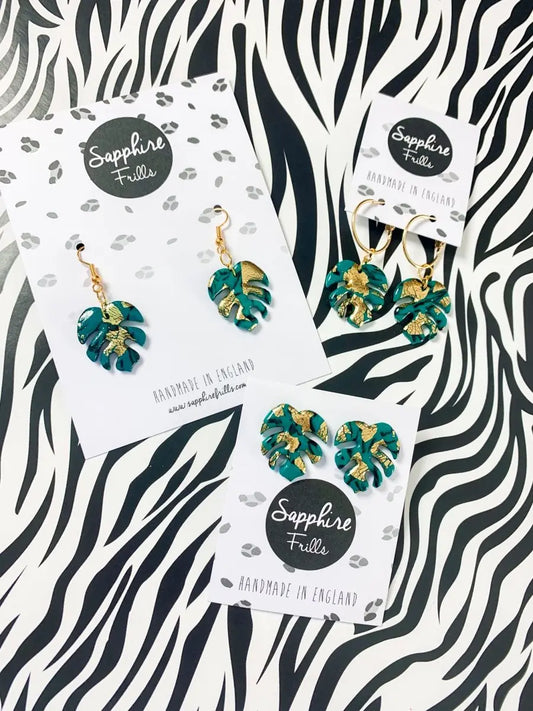 Emerald and Gold Marble Monstera Leaf Earrings Sapphire Frills
