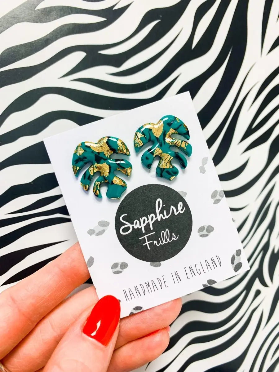 Emerald and Gold Marble Monstera Leaf Earrings Sapphire Frills